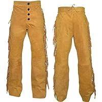 Men's Native American Buckskin/Deerskin Suede Leather Pant Fringes Red Indian Cowboy Reenactment Mountain Man Breechese