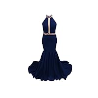 High Neck Satin Mermaid Prom Evening Dress Formal Gowns Crystal Zipper Back Crystal Beaded 2024