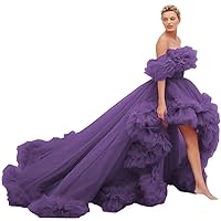 Puffy Ruffles High Low Prom Dresses for Women Off Shoulder Tulle Ball Gowns Long Formal Evening Gowns