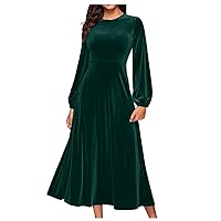 Women’s Velvet Empire Waist Dress Lantern Long Sleeves Crewneck Babydoll Formal Dresses Elegant Flowy A-Line Dress