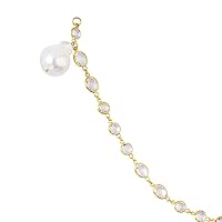 925 Sterling Silver Gold Plated White Topaz Dangle White Baroque Pearl Bracelet 7.25 Inch Jewelry for Women