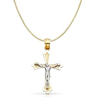 14K Two Tone Gold Jesus Crucifix Cross Religious Charm Pendant with 0.6mm Box Chain Necklace
