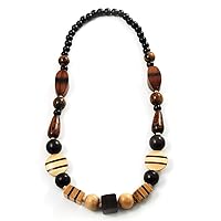 Avalaya Chunky Geometric Wooden Bead Necklace (Black, Brown and Cream) - 74cm L