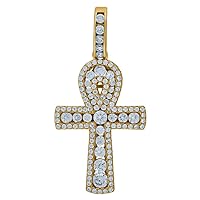 925 Sterling Silver Yellow tone Mens CZ Cubic Zirconia Simulated Diamond Egyptian Ankh Cross Religious Charm Pendant Necklace Me Jewelry for Men