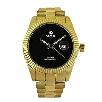 SL10294GB Quartz Analog Waterproof Mens Wrist Watch Calendar Stainless-Steel Band Gold Plated
