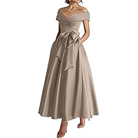 A-Line Elegant Wedding Guest Dress Tea Length Short Sleeve Off Shoulder Cocktail Dress Satin with Bow(s) 2024