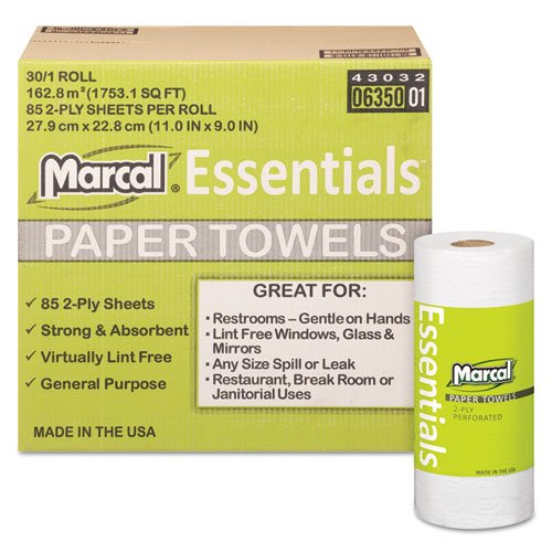 Marcal Perforated Kitchen Roll Towels, White, 2-Ply, 9" x 11", 85/Roll - Includes 30 rolls of 85 sheets.