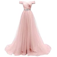 Women's Off Shoulder Long Prom Dress A Line Tulle Evening Dress Party Gown