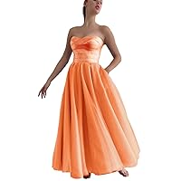 Xijun Women's Strapless Tea Length Prom Dresses Tulle A Line Satin Formal Evening Party Gown with Pockets