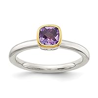 925 Sterling Silver With 14k Accent Amethyst Ring Measures 2mm Wide Jewelry for Women - Ring Size Options: 6 7 8