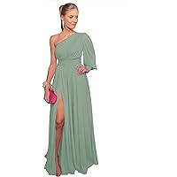 Women's Puffy Long Sleeve Prom Dresses with Pockets One Shoulder Split Chiffon Formal Party Evening Dress Ball Gowns