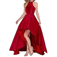 Women's High Neck Long Prom Dress Satin Backless Evening Party Dress Red
