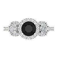 1.85 ct Round Cut Halo Solitaire 3 stone Accent Natural Black Onyx Anniversary Promise Engagement ring 18K White Gold