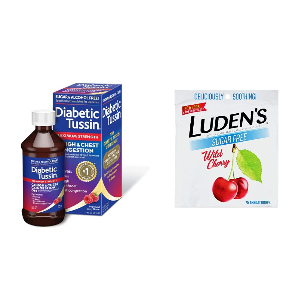 Diabetic Tussin Max. Strength Cough and Chest Congenstion Relief, 8oz + Luden's Sugar Free Wild Cherry Throat Drops, 75ct