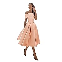 Women's Short Satin Prom Dress Off The Shoulder A-line Tea Length Formal Evening Party Gowns with Pockets