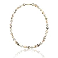 14K Yellow Gold 8.0-9.0 mm Ultra Luster Multi Color Oval Freshwater Cultured Pearl Necklace 20