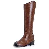 Women's soft PU Leather Knee High round toe Block chunky Heel zipper casual Boots