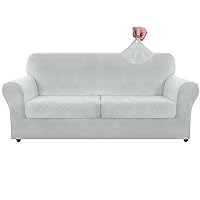 ZNSAYOTX Oversized Velvet 3 Piece Couch Cover with 2 Extra Large Seat Cushion Covers Stretch Sofa Cover for 2 Cushion Couch Thick Soft Loveseat Sofa Slipcover (Silver Grey),71