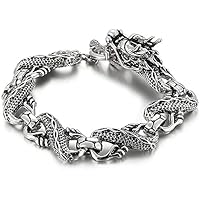 Viking Gothic Punk Realistic Engraved Dragon Curb Chain Bracelet, Zodiac Dragon Biker Rock Stainless Steel Silver Bangle for Men, Personality Jewelry Gift