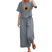 Plush Band Sunflower Printing Suit Loose Linen Crew Neck Short Sleeve Shirt And Trousers Two Piece Set Drum Suit