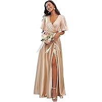 Sexy V-Neck Satin Bridesmaid Dress with Sleeves A-line Long Prom Party Dress Champagne US12