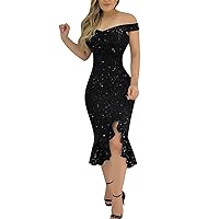 Women's Fashion Sexy Summer One Neck Short Sleeve Sequins Ruffle A Line Dresses,Spring Dresses for Women 2024