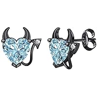 ABHI Created Heart Cut Aquamarine 925 Sterling Silver 14K Gold Over Diamond Devil Heart Stud Earring for Women's & Girl's