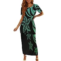 GLUDEAR Women Polynesian Tribal Samoan Puletasi Tatau Summer Short Sleeve Maxi Dress 2 Piece Outfit XS-7XL