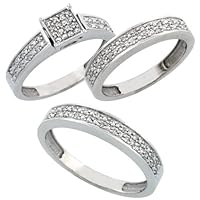 10k White Gold Diamond Trio Wedding Ring Set His 4mm & Hers 4mm, sizes 5 - 13