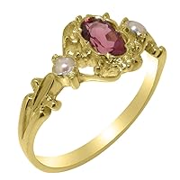 18k Yellow Gold Natural Pink Tourmaline & Cultured Pearl Womens Trilogy Ring - Sizes 4 to 12 Available