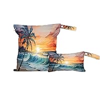 2 Set Summer Sunset Wet Dry Bags for Baby Cloth Diapers Waterproof Reusable Storage Bag for Travel,Beach,Pool,Daycare,Stroller,Gym,Laundry,Dirty Clothes,Swimsuits, Tropical Palm Tree Wet Bag