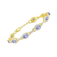 Tennis Bracelet with Gemstones & Diamond Halo Yellow Gold Plated Silver 925 - Adjustable 7-8