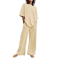 Summer Outfits for Women 2 Piece Cotton Linen Set Boyfriend Oversized T-Shirts Straight Leg Pant Plus Size Tracksuit