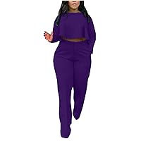 Womens Sexy Outfit 2 Piece Sets Crop Long Sleeve Top and Wide Leg Pants Set Dressy Casual Outfits Solid Tracksuit