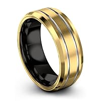 Tungsten Wedding Band Ring 8mm for Men Women Bevel Edge 18K Yellow Gold Black Grey Double Line Brushed Polished
