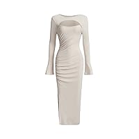 Women's Cut Out Button Long Sleeve Split Side Ruched Long Bodycon Dress
