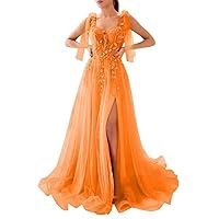 Lace Applique Prom Dresses Long Tulle A-Line Side Slit Formal Evening Dress
