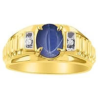 Rylos Mens Rings 14K Yellow Gold - Blue Star Sapphire & Diamond Ring 8X6MM Color Stone Gemstone Rings For Men Mens Jewelry Gold Rings