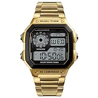 ROSEBEAR Men's Digital Quartz Watch, Luxury Business Electronic Chronograph, 50 m Waterproof Digital Watch, Stainless Steel Strap, LED Back Light, gold, Bracelet