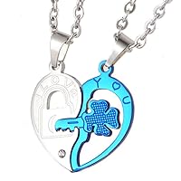 Mens Womens 2pcs Stainless Steel Heart Lock and Key Lucky Four Leaf Clover Couple Pendant Lover Necklace Gifts 4 Colors