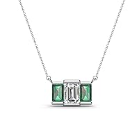 Emerald Cut GIA Certified Natural Diamond & Created Alexandrite 1 1/3 ctw Women Three Stone Pendant Necklace 14K Gold
