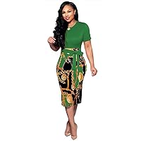 Women's Bodycon Work Pencil Dresses Formal Church Dress Casual Midi Floral Print Party Dress with Belt