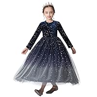 Long Sleeve Girl's Party Dress for Kids Starry Sky Wedding Bridesmaid Long Dresses