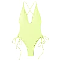 Women's Solid Color Deep V Neck Sexy Strap Bikini Swimsuit Beach Swimsuit Bikini with Skirt (Yellow, XL)