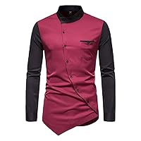 Men's Banded Collar Patchwork Dress Shirst Slant Button Shirt for Men Casual Wedding Dinner Tuxedo Shirt