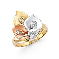 14k Yellow Gold White Gold and Rose Gold CZ Cubic Zirconia Simulated Diamond Fancy Flower Ring Size 7 Jewelry Gifts for Women