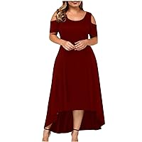 Dresses for Women 2024,Women Short Sleeve Plus Size Round Neck Off Shoulder Dress Solid Color Dress