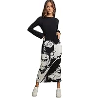 Dresses for Women - Figure Graphic Lettuce Trim Tie Backless Bodycon Dress (Color : Black and White, Size : Medium)