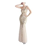 DbdkejjWomen's Long Formal Gown One Shoulder Sleeveless Lace Sequin Wedding Guest Evening Special Event Evening Gown