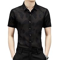 Men Floral Embroidery Shirt Sexy See Through Dress Shirts Social Party Lace Sheer Blouse